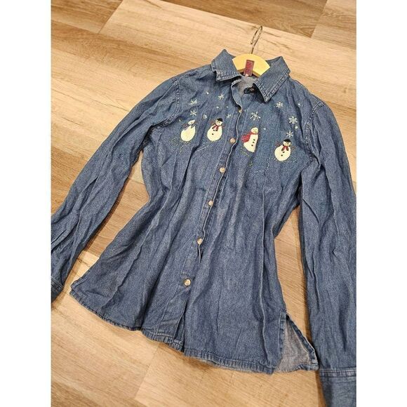 Vintage Denim Embroidered Snowman button down shirt - Picture 1 of 9